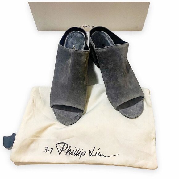 3.1 Phillip Lim Cube Block Heel Mules Sandal, Grey Suede,‎ 37.5EU, New in Box - Picture 2 of 13
